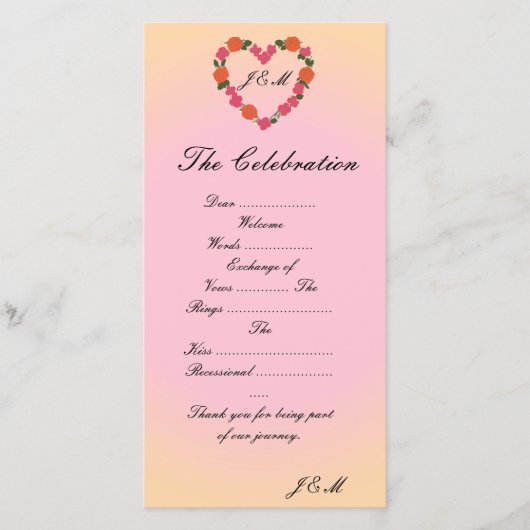 Programme de mariage rose et orange cœur floral (正面)