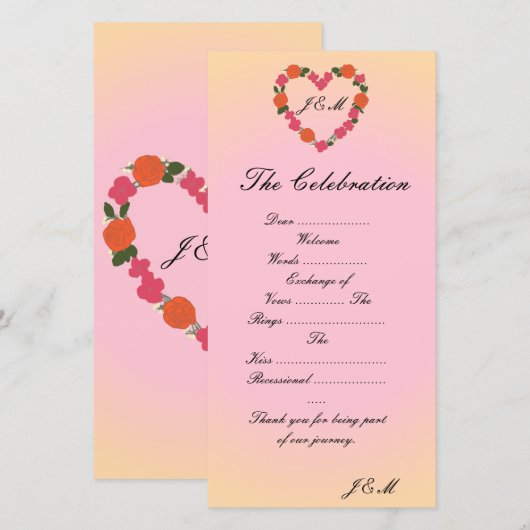 Programme de mariage rose et orange cœur floral (正面/裏面)