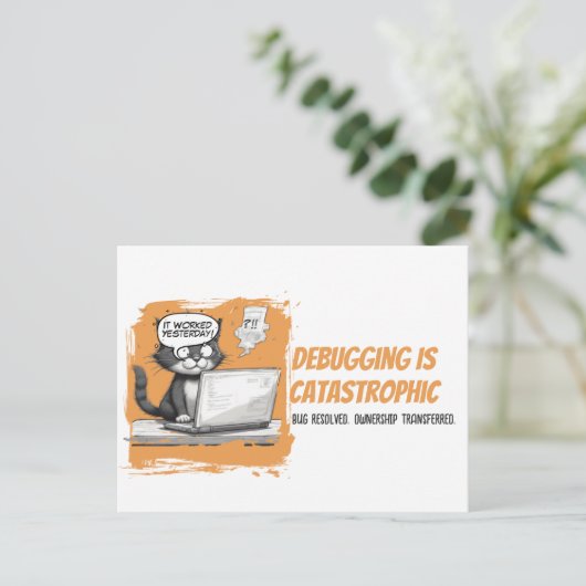 Programmer Cat Humour Debugging is Catastrophic ポストカード (スタンド正面)
