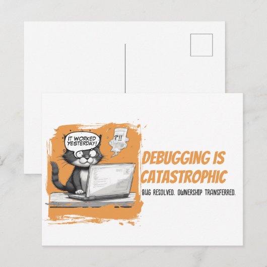 Programmer Cat Humour Debugging is Catastrophic ポストカード (正面/裏面)