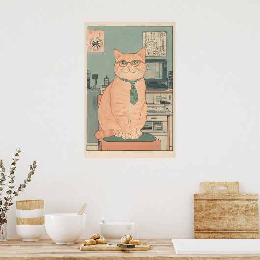 Programmer Tabby Cat Ukiyo-e Art Geeky Computer ポスター (キッチン)
