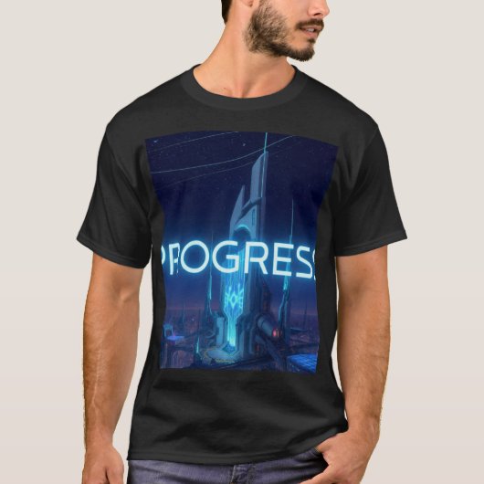 PROGRESS - 未来都市サイバーパンク ネオンテックモチーフ Tシャツ (正面)