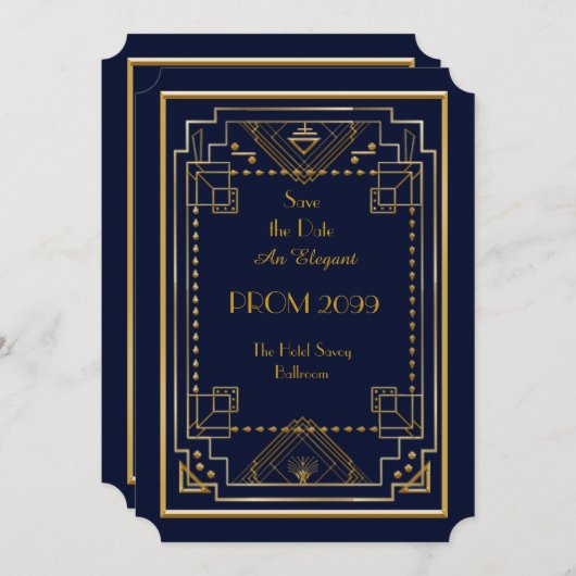 Prom Senior-Junior, Navy,金ゴールドジオメトリ，アールデコ 招待状 (正面/裏面)