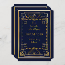 Prom Senior-Junior, Navy,金ゴールドジオメトリ，アールデコ 招待状