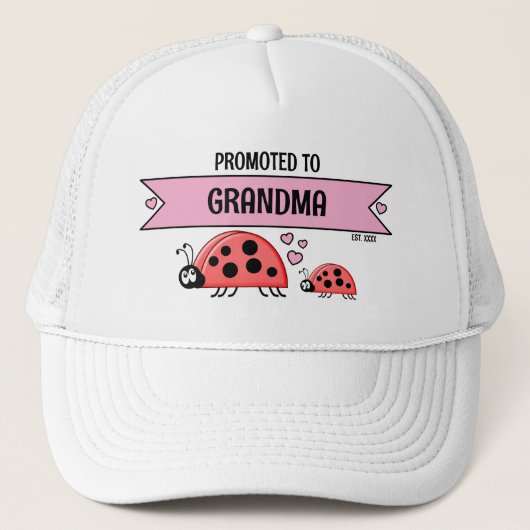 Promoted to Grandma ladybugs white pink キャップ (正面)