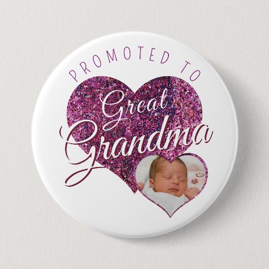 Promoted to Great Grandma faux sparkle pink photo 缶バッジ (正面)