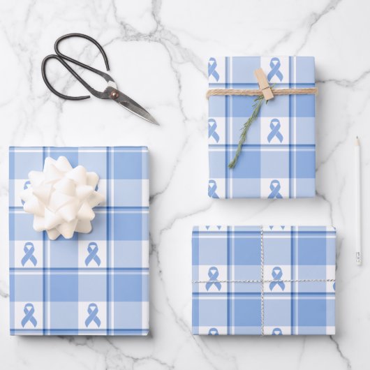 Prostate Cancer Awareness Plaid Light Blue Ribbon ラッピングペーパーシート (正面)