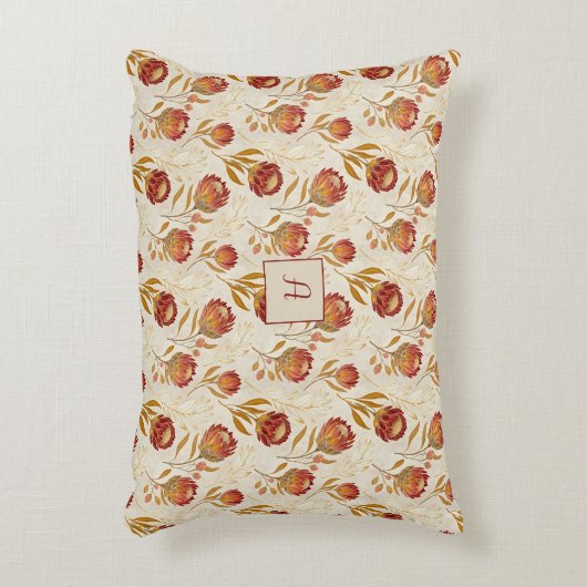 Protea Flower Floral beige red Pattern monogram アクセントクッション (正面(垂直))