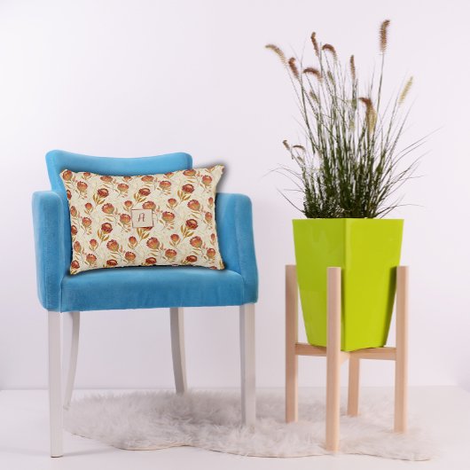 Protea Flower Floral beige red Pattern monogram アクセントクッション