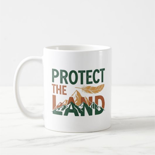 "Protect the Land" 山とフェザー コーヒーマグカップ (左)