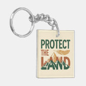 "Protect the Land" 山のデザインとフェザー キーホルダー (正面左)