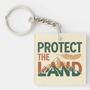 "Protect the Land" 山のデザインとフェザー キーホルダー