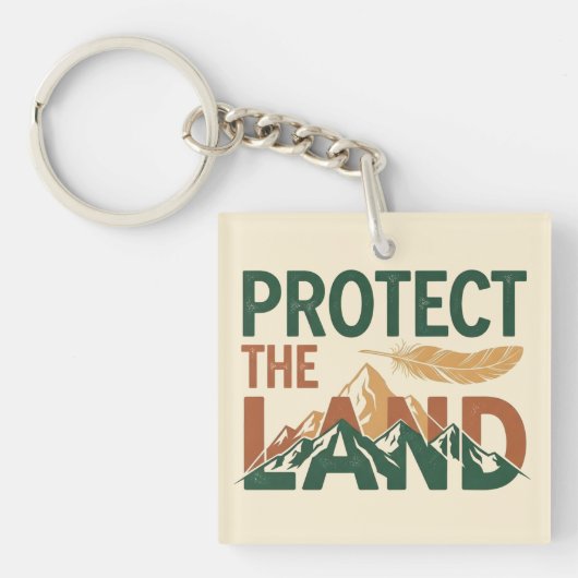 "Protect the Land" 山のデザインとフェザー キーホルダー (正面)