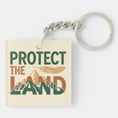 "Protect the Land" 山のデザインとフェザー キーホルダー (裏面)