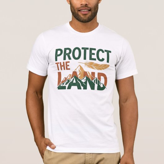 "Protect the Land" 山のデザインとフェザー Tシャツ (正面)