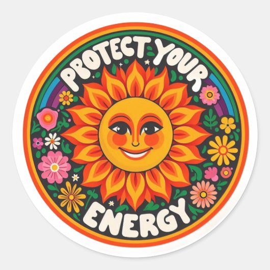 Protect Your Energy Sticker - Retro 70s Groovy Sun ラウンドシール (正面)