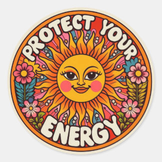 Protect Your Energy Sticker - Retro 70s Sun & Flow ラウンドシール