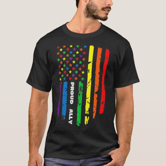 Proud Ally Rainbow Gay American Flag LGBT Pride mo Tシャツ (正面)