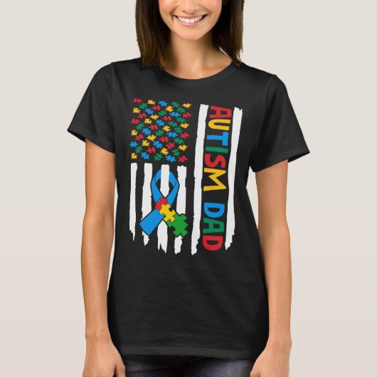 Proud Autism Dad American Flag Puzzle Piece Autism Tシャツ (正面)