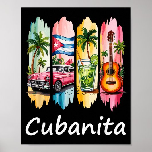 Proud Cubanita Cuban Flag Guitar Mojito Car Design ポスター (正面)