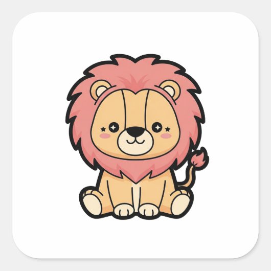Proud Lion – Cute Kawaii Animal Illustration スクエアシール (正面)