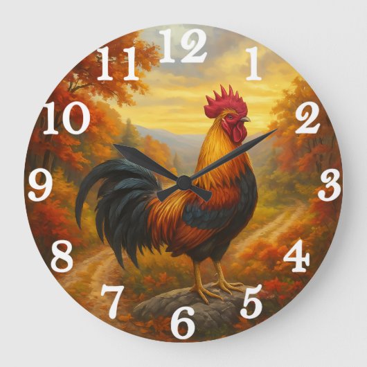 Proud rooster in autumn splendor ラージ壁時計 (正面)
