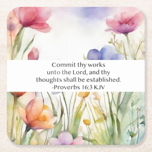 Proverbs 16:3 KJV あなたの仕事をゆだねよ 聖書の言葉 スクエアペーパーコースター (正面)