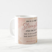 Proverbs 31:25 強さと尊厳のクリスチャングッズ コーヒーマグカップ (正面左)