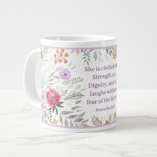 Proverbs 31:25 Bible Verse Watercolor floral ジャンボコーヒーマグカップ (正面左)