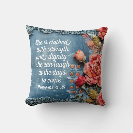 Proverbs 31:25 Throw Pillow Inspiring Bible Verse クッション (正面)