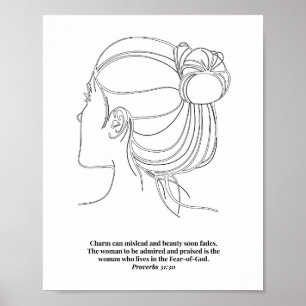 Proverbs 31:30 Womans Face Line Art Sketch Black a ポスター