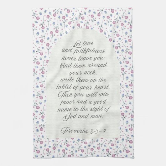Proverbs 3:3–4 フラワー聖書デザイン キッチンタオル (縦)
