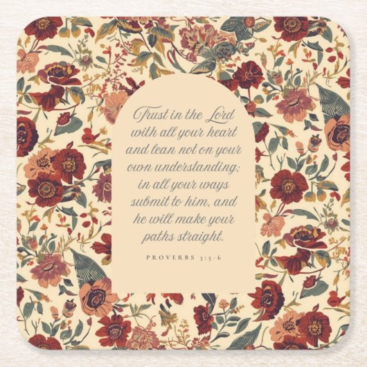 Proverbs 3:5–6 主を信頼する ヴィンテージ フラワー スクエアペーパーコースター (正面)