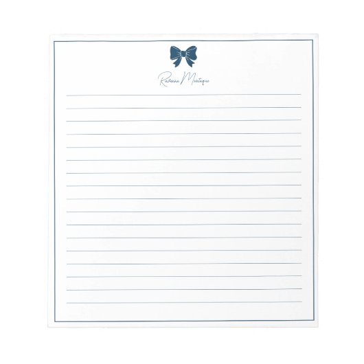 Prussian Blue Bow Border Custom Name Lined ノートパッド (正面)