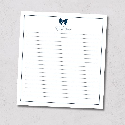Prussian Blue Bow Border Custom Name Lined ノートパッド