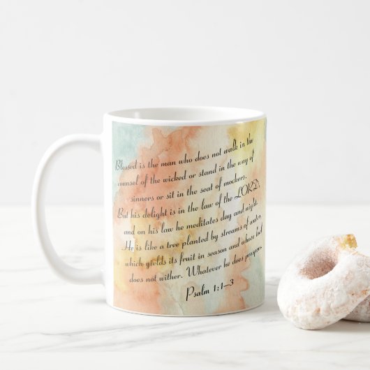 Psalm 1 Blessed Watercolor Script コーヒーマグカップ (ドーナツ)