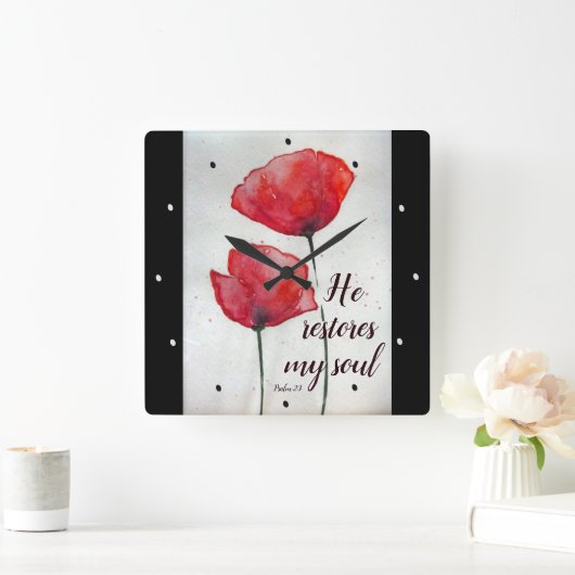 Psalm 23:3彼は私の魂を回復し聖書の詩のフローラ スクエア壁時計 (ホーム)