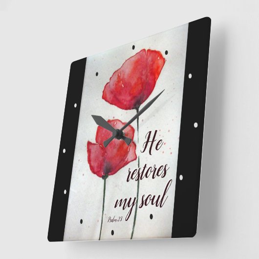 Psalm 23:3彼は私の魂を回復し聖書の詩のフローラ スクエア壁時計 (傾斜)