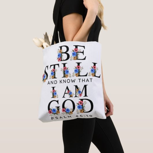 Psalm 46:10 Be Still and Know Floral Letters トートバッグ (クローズアップ)