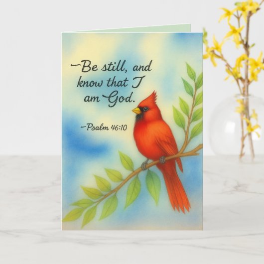 Psalm 46:10 Be Still Red Cardinal Scripture Nature カード (黄色い花)