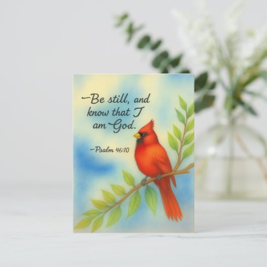 Psalm 46:10 Be Still Red Cardinal Scripture Nature ポストカード (スタンド正面)