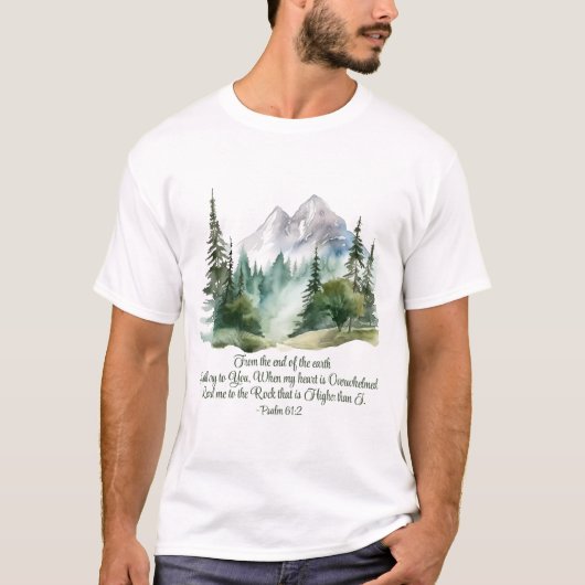 Psalm 61:2 Lead me to the Rock Scripture Mountain Tシャツ (正面)