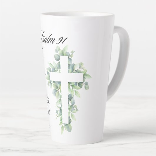 Psalm 91:1-2 Religious Cross Greenery Bible Verse カフェラテマグ (右アングル)
