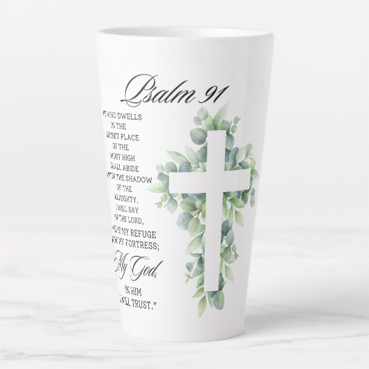 Psalm 91:1-2 Religious Cross Greenery Bible Verse カフェラテマグ (正面)