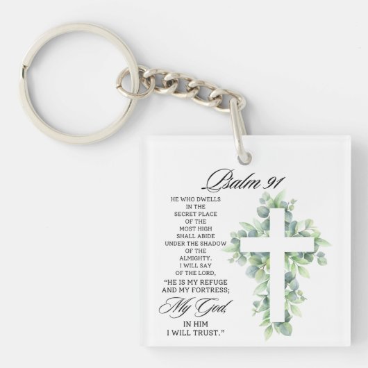 Psalm 91:1-2 Religious Cross Greenery Bible Verse キーホルダー (正面)