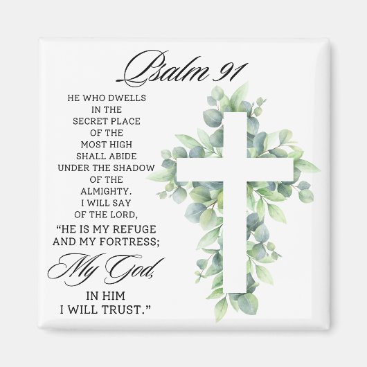 Psalm 91:1-2 Religious Cross Greenery Bible Verse マグネット (正面)