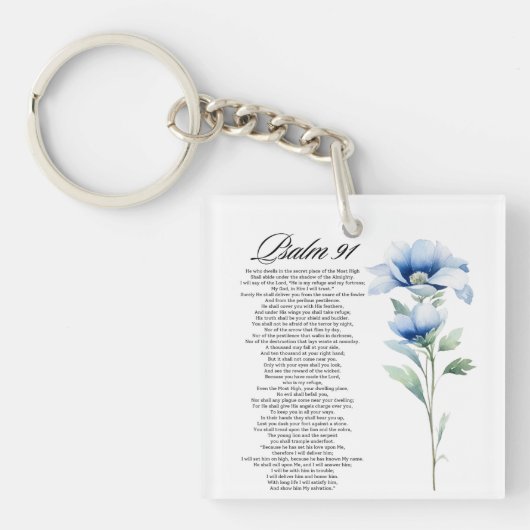 Psalm 91 Watercolor Blue Flower Bible Scriptures キーホルダー (正面)