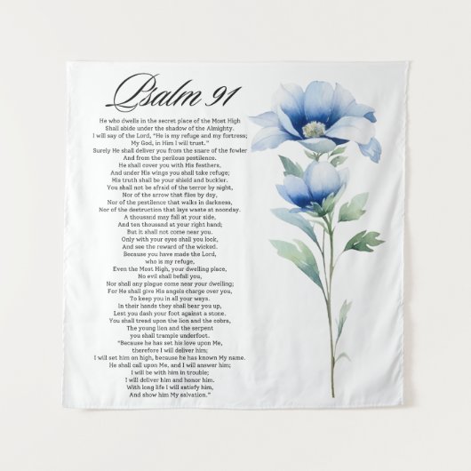 Psalm 91 Watercolor Blue Flower Bible Scriptures タペストリー (正面)