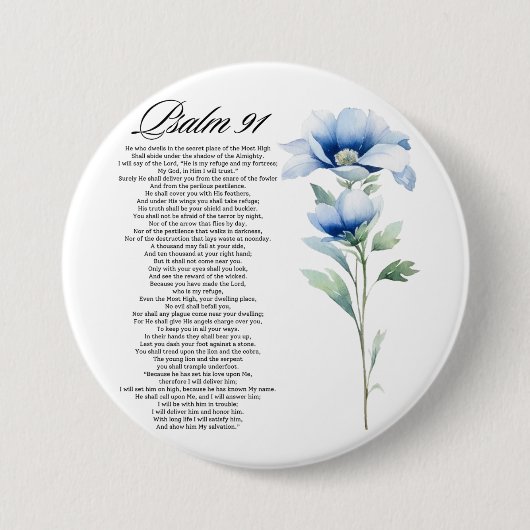 Psalm 91 Watercolor Blue Flower Bible Scriptures 缶バッジ (正面)