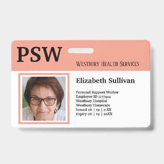 PSWヘルスケアまたは病院従業員の写真IDバッジ バッジ (正面)